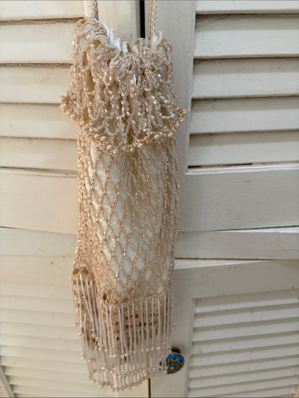 Beaded Netting Drawstring Evening Bag in Cream